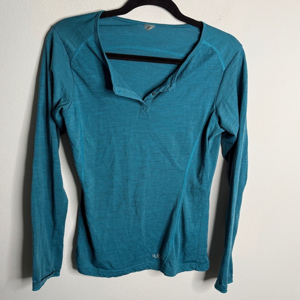 Rab Women's 12 Teal MeCo 140 Merino Wool Blend Long Sleeve Henley Top Gym Casual